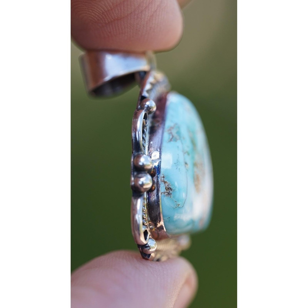 Tony‎ Garcia - Navajo Native Sterling Silver Sacred Buffalo Turquoise Pendant - Picture 2 of 7